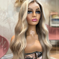 Thumbnail for Highlight Blonde Lace Front Wigs Human Hair Brown Roots loose body Wavy 360 Lace Frontal Wig