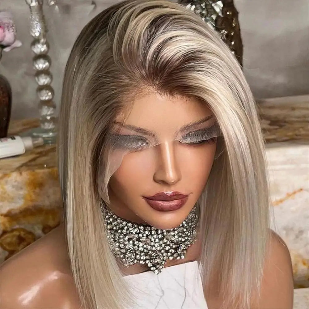 Straight Short Bob Wig 13x6  Ash Blonde Colored Lace Front Wig Human Hair Brazilian Remy HD Transparent Lace Wig