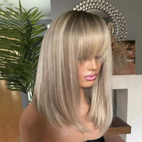 Thumbnail for 100% Virgin Human Hair Bob Wig Light Ash Blonde Lace Frontal Wig with Bangs