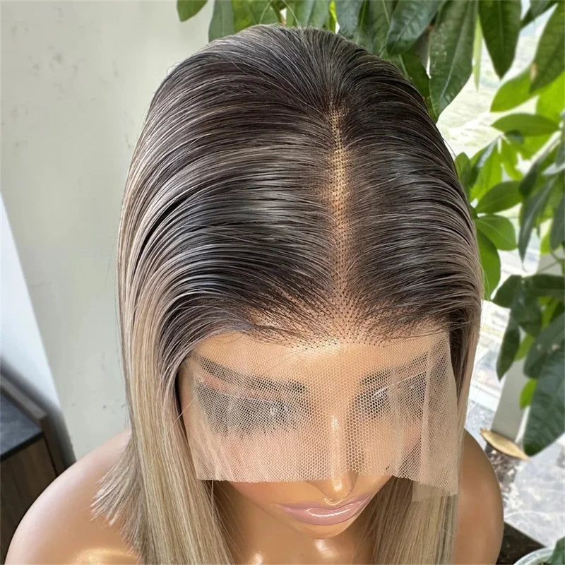 Short Bob Wig Ombre Ash Blonde Straight Lace Front Wig Brazilain Natural Hairline Wig 180% Density Preplucked Hairline