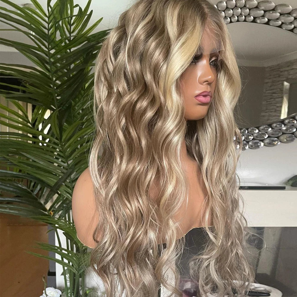 Highlights Blonde Light Ash Root Melting Wig Loose Wave 100% Premium Virgin Human Hair Wig