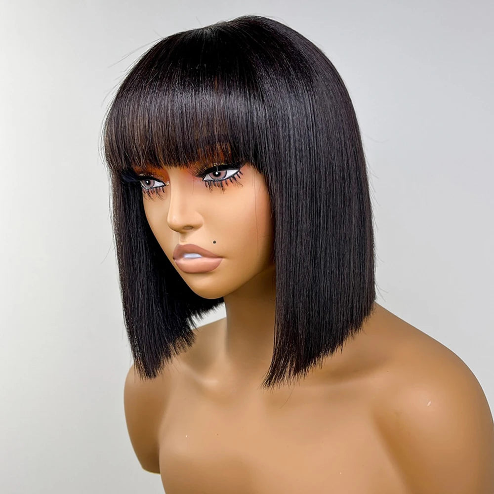 Short Bob Wig with Bangs Straight Human Hair 180% Density