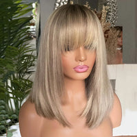 Thumbnail for 100% Virgin Human Hair Bob Wig Light Ash Blonde Lace Frontal Wig with Bangs