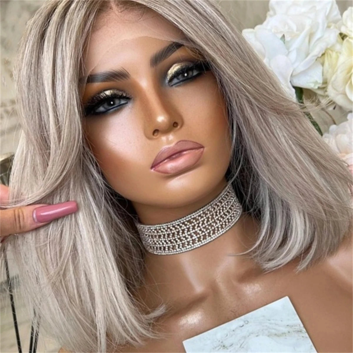 Short Bob human hair lace Wigs Ash Blonde Highlights Platinum Blonde