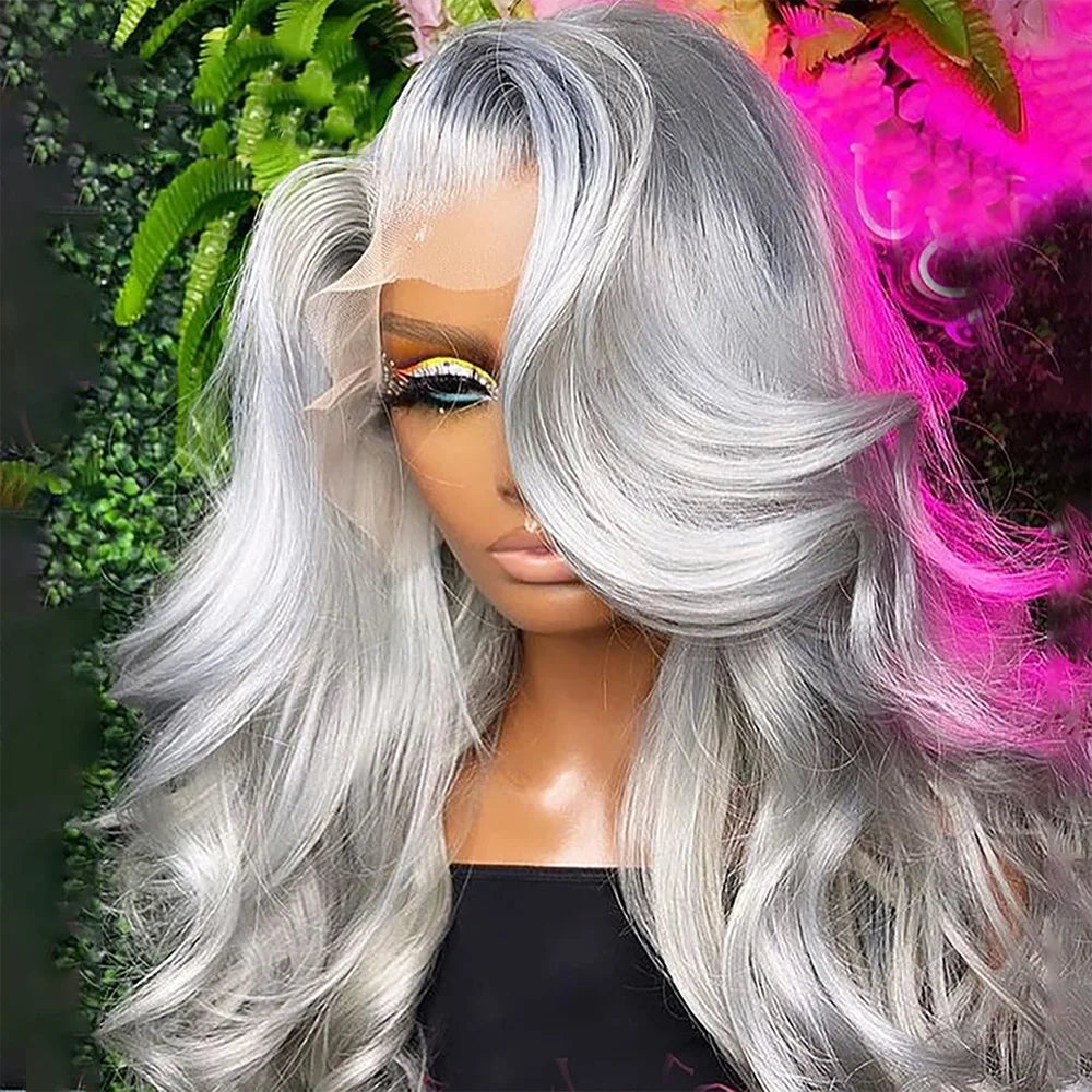 Silver Grey HD Transparent Lace Frontal Wig 12A Brazilian Body Wave Wig