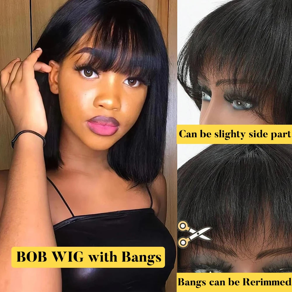 Short Bob Wig with Bangs Straight Human Hair 180% Density