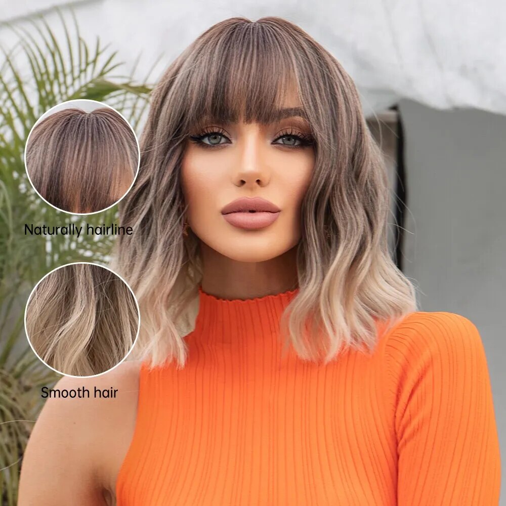 Grey Wavy Bob Wigs with Bangs Short Blonde Ombre Synthetic Wig