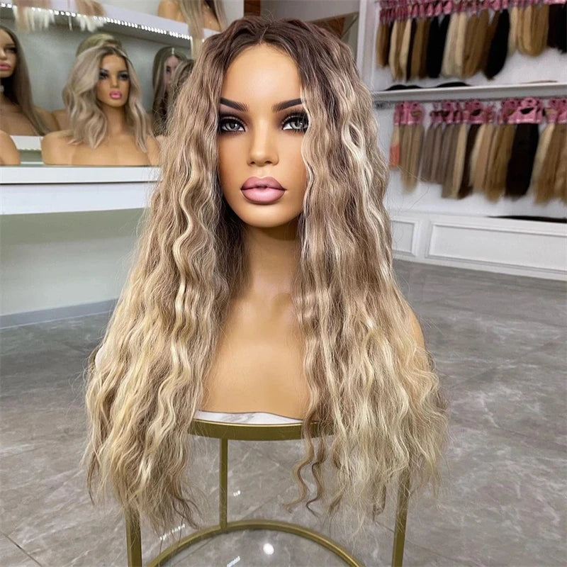 Ash Brown Roots Blonde Highlights Natural Human Hair Wig