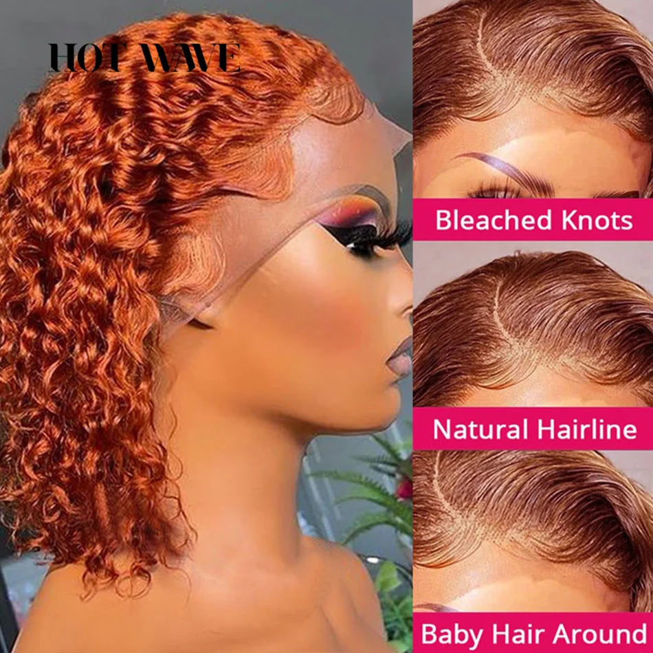 Orange Brown  Deep Wave  Curly Human Hair Wigs PrePlucked