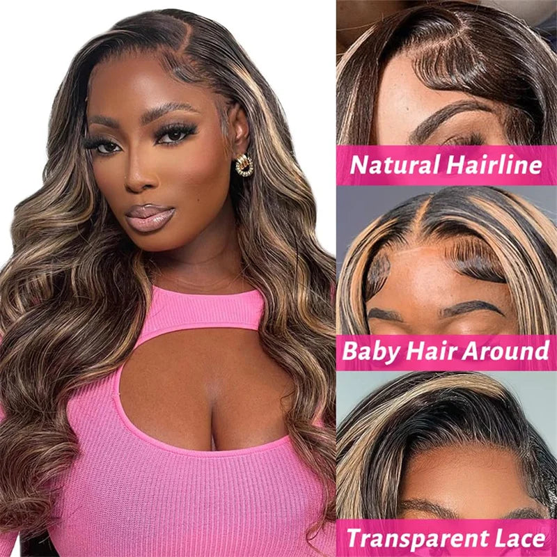 30 32 inch Highlight Body Wave Lace Front Wig Human Hair Wear and Go Glueless Wig PrePlucked 250% Density Ombre Lace Front Wigs