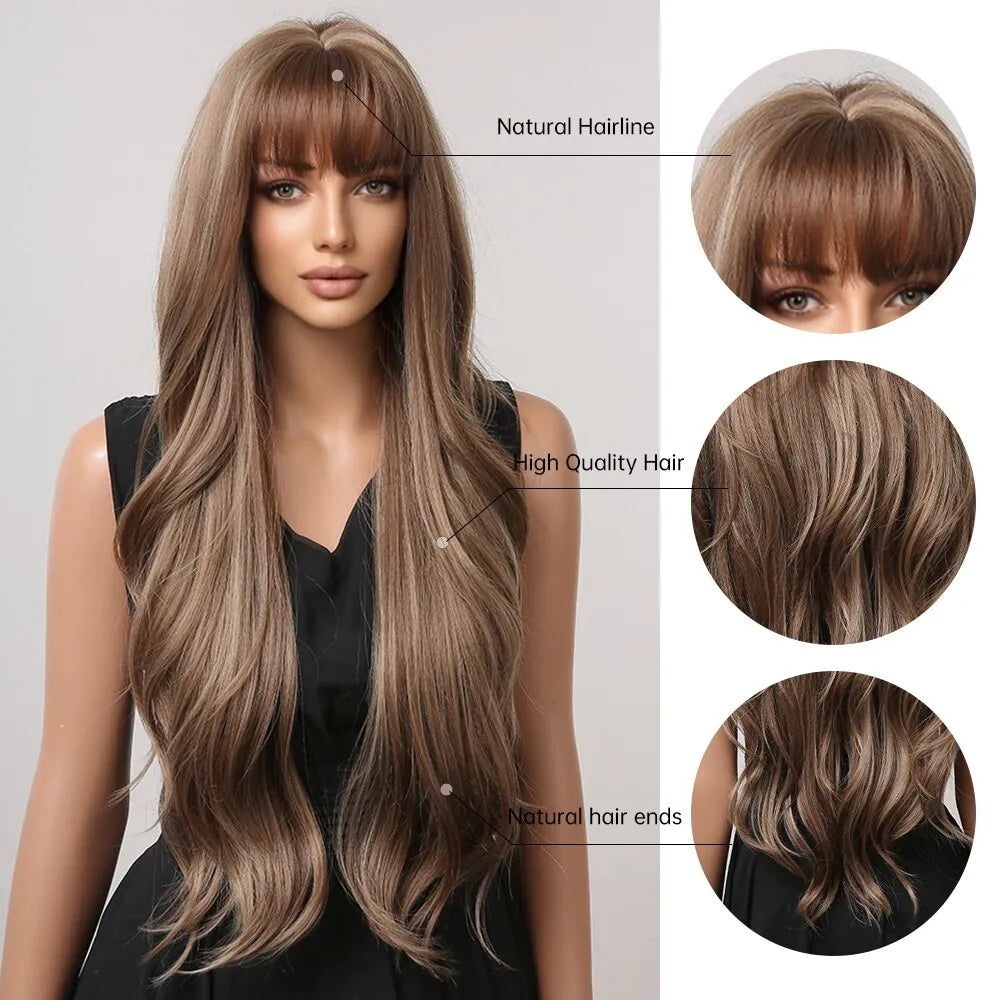 Brown Mixed Blonde Synthetic Wigs with Bang Long Natural Wavy Hair