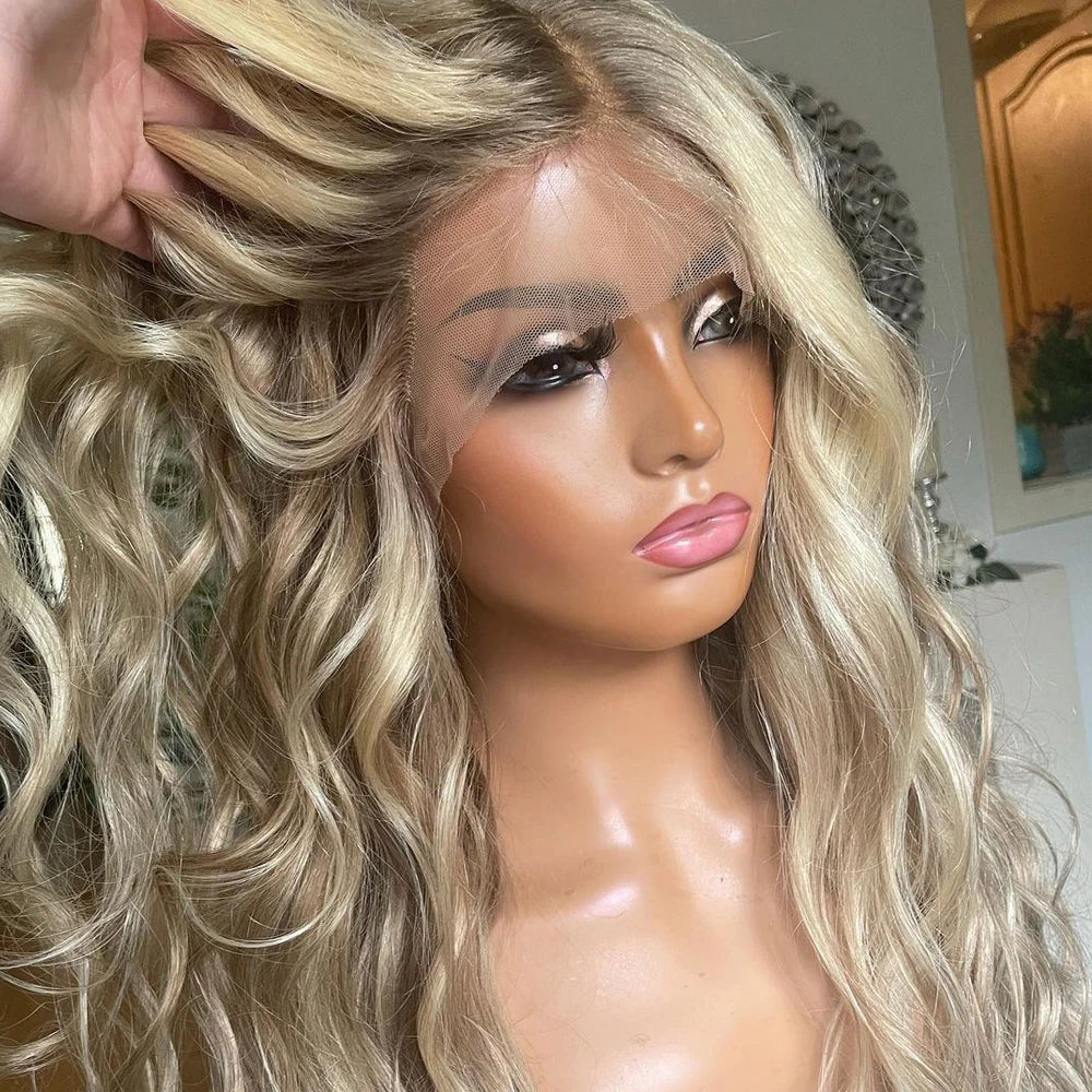 Highlights Blonde Light Ash Root Melting Wig Loose Wave 100% Premium Virgin Human Hair Wig