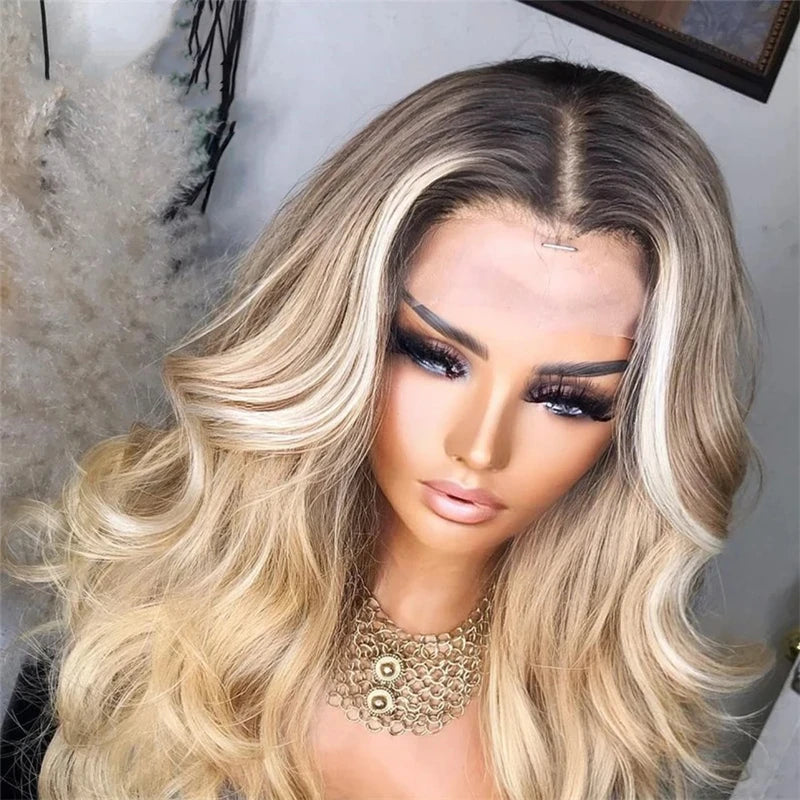 Ash Blonde Human Hair Wigs Natural wave HD Transparent Lace Brown Roots Ombre Pre Plucked Blonde HD