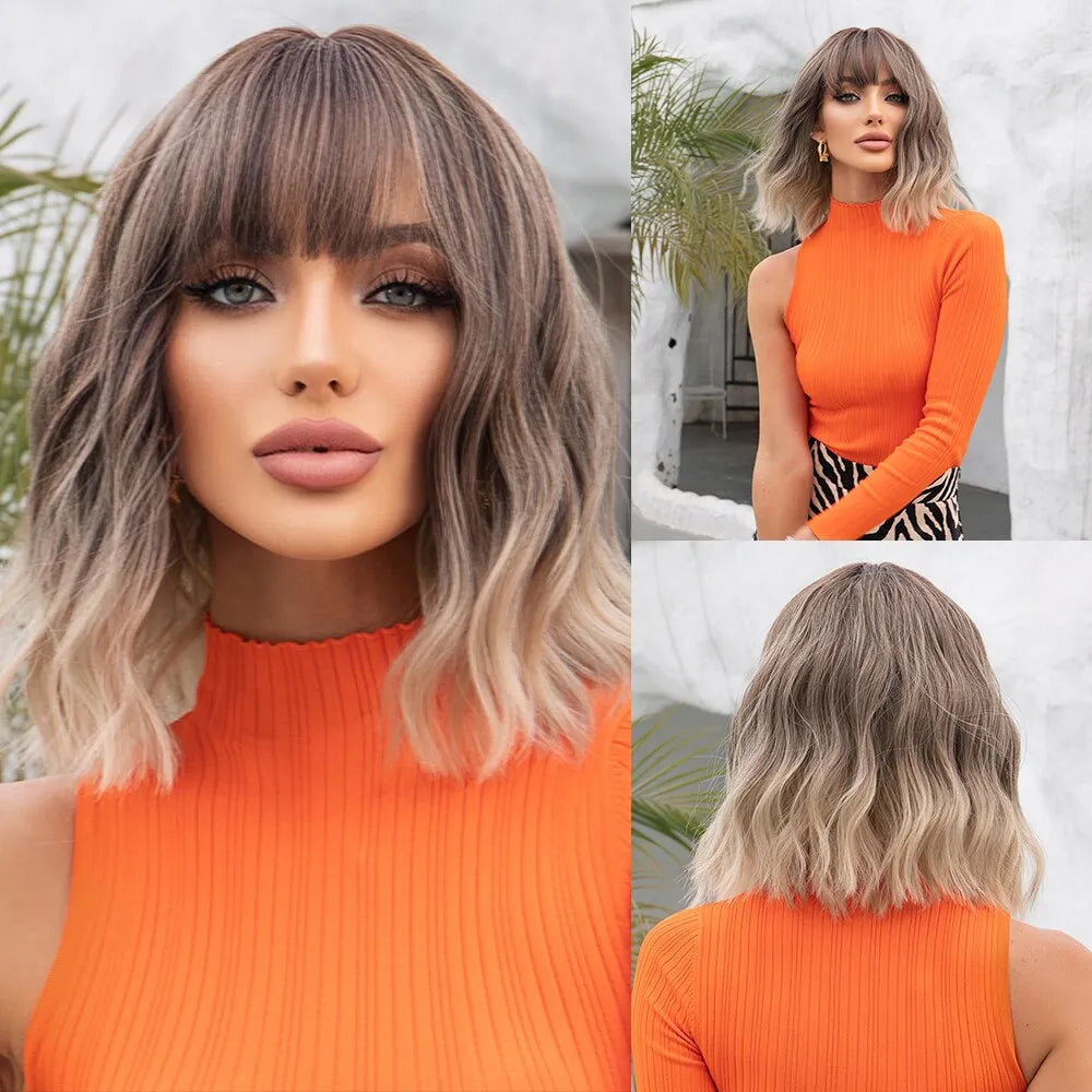 Grey Wavy Bob Wigs with Bangs Short Blonde Ombre Synthetic Wig