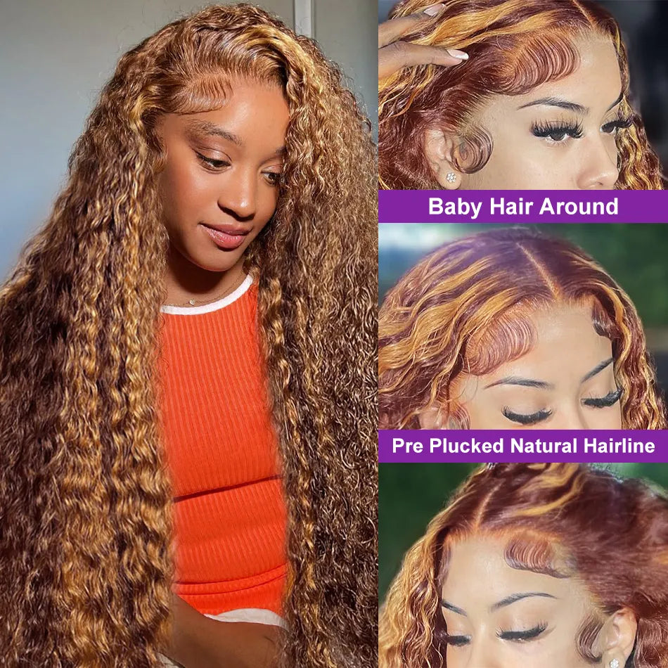 30 Inch Highlight Honey Brown Curly Lace Front Human Hair Wigs -Deep Wave Lace Frontal Wig