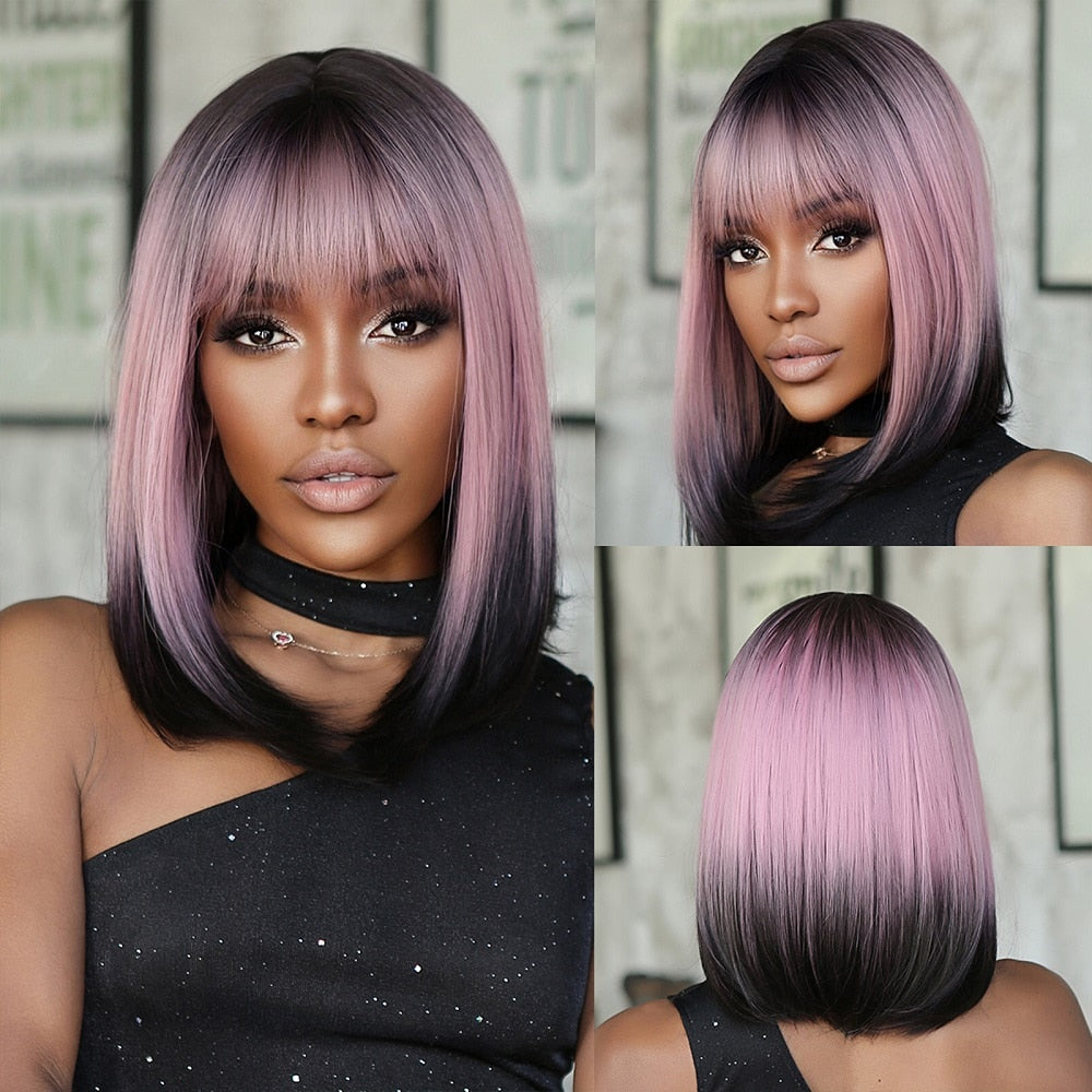 Purple Pink Ombre Black Short Straight Synthetic Wigs With Bangs