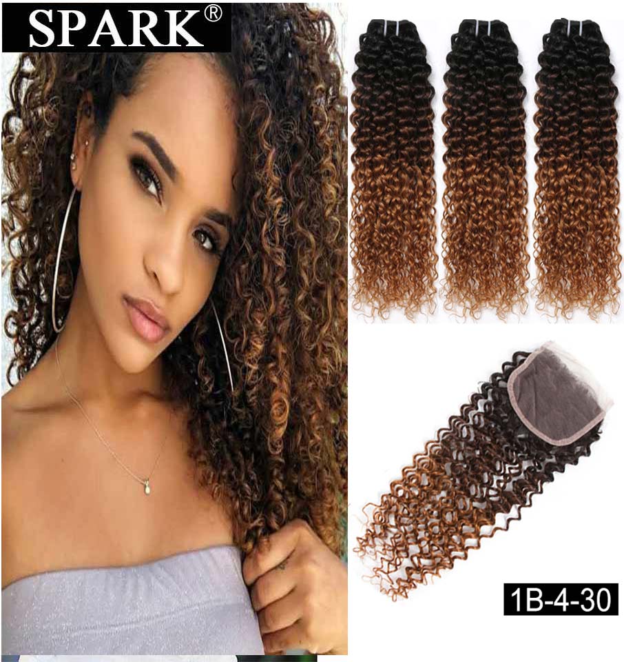 Ombre Mongolian Afro Kinky Curly Hair Bundles With Closure