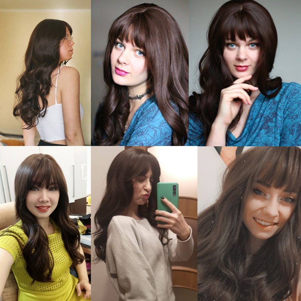 Long Wavy Dark Brown Synthetic Wigs With Bangs