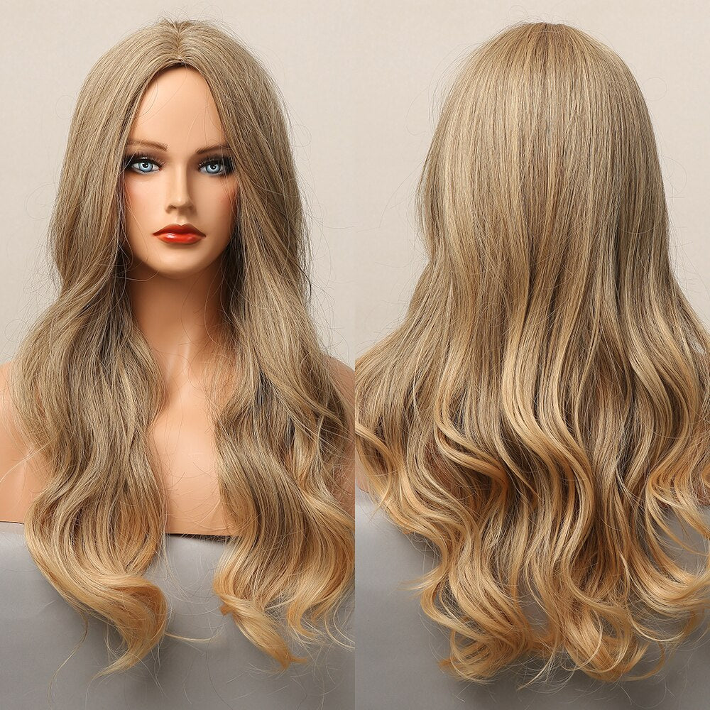 Brown Blonde Highlight Synthetic Wigs With Full Bangs