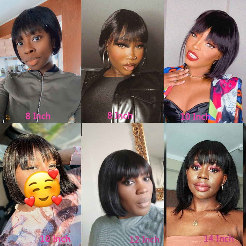 Short Bob Wig With Bangs Straight Brazilian Hair Wigs