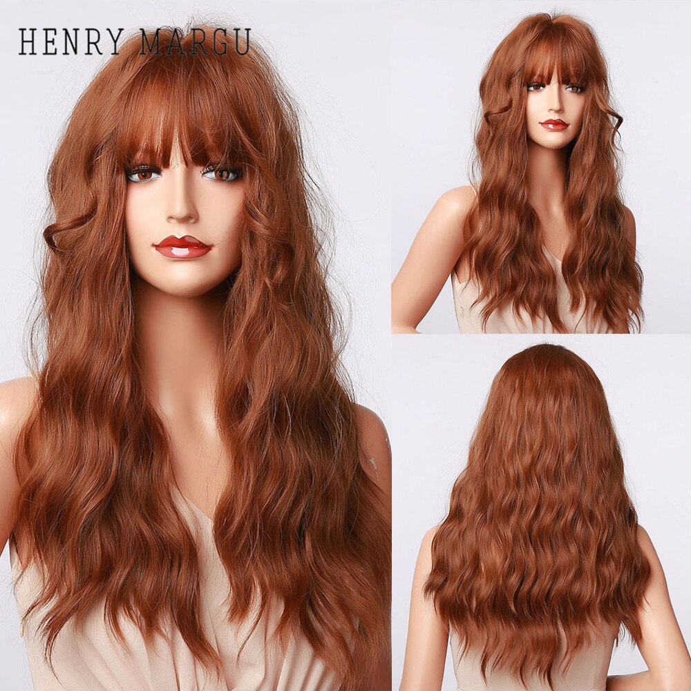 Long Wavy Dark Brown Synthetic Wigs With Bangs