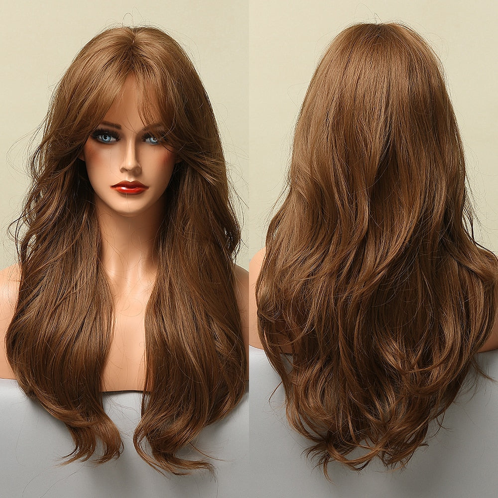 Brown Blonde Highlight Synthetic Wigs With Full Bangs