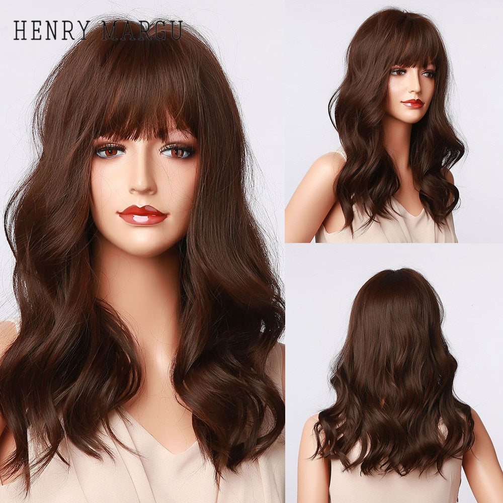 Long Wavy Dark Brown Synthetic Wigs With Bangs