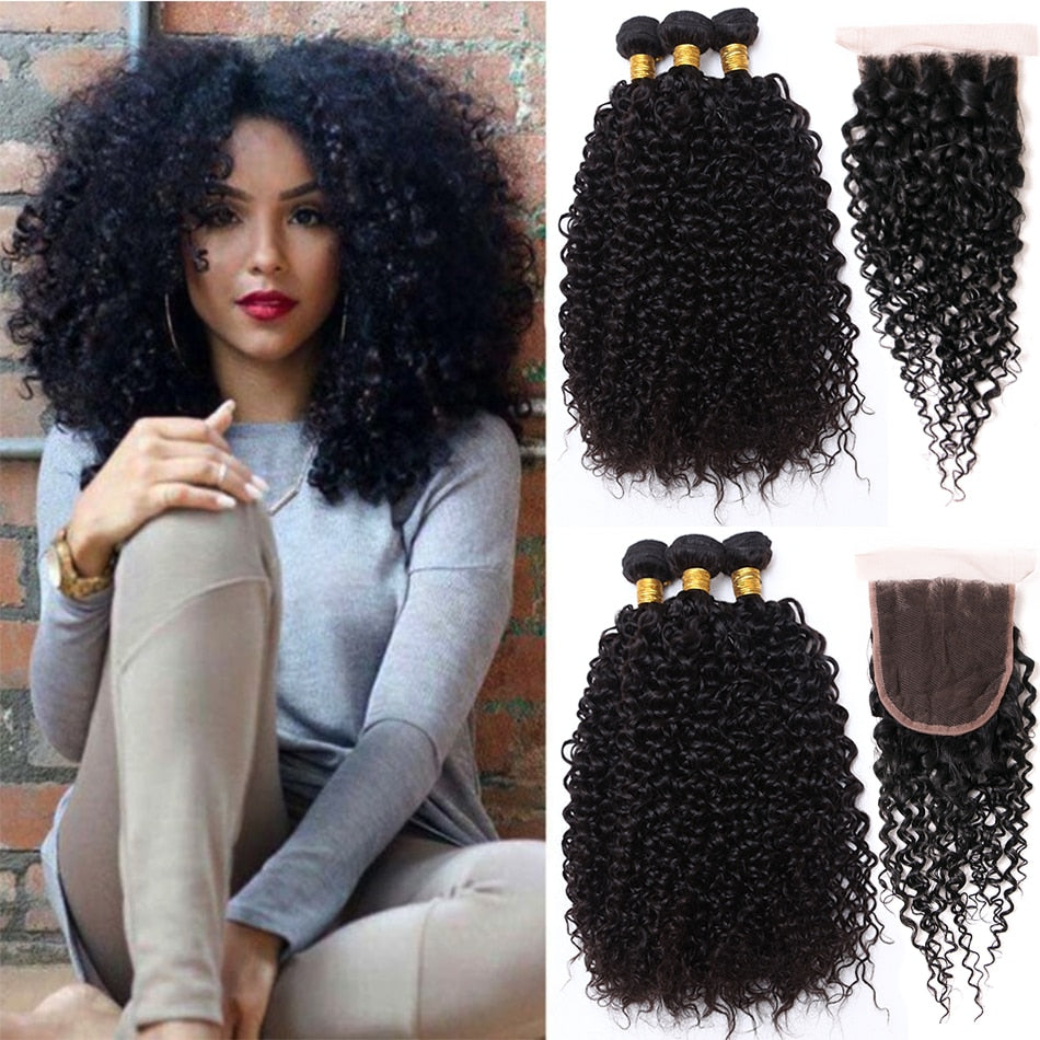 18 inches Malaysian Curly Hair With Closure Wet and Wavy Human Hair Bundles