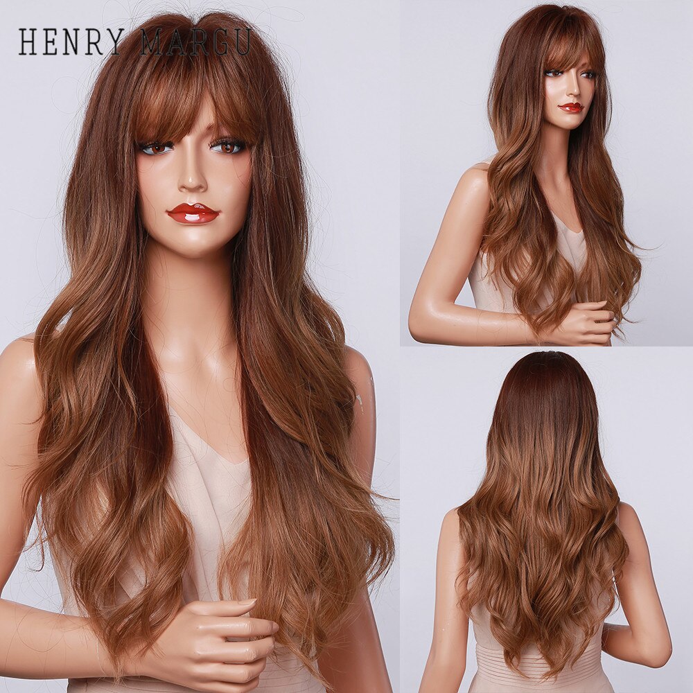 Long Wavy Dark Brown Synthetic Wigs With Bangs