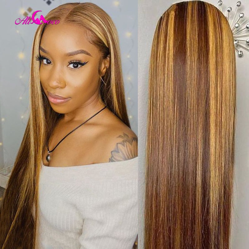 #4/30 Highlight Colored Human Hair Wigs Pre Plucked Ombre