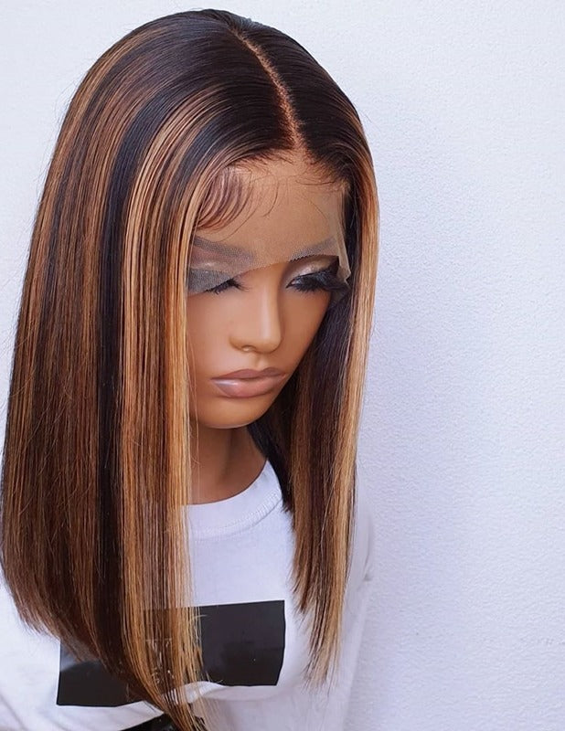 Black With Brown Highlight Wig T Part Front Lace Human Hair