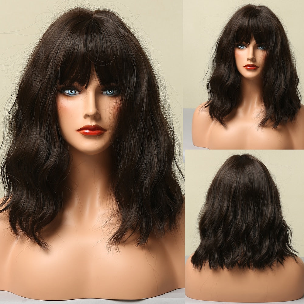 Long Wavy Dark Brown Synthetic Wigs With Bangs