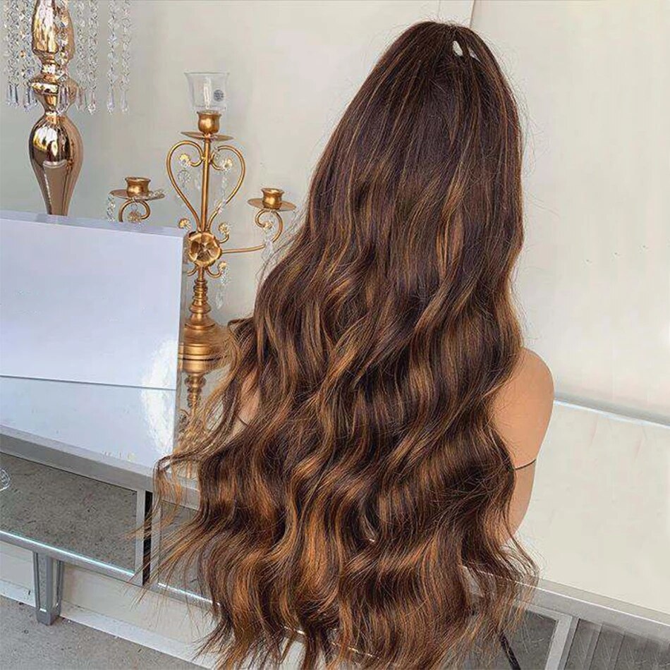 Brown Highlight Wavy Human Hair Full Lace Wigs