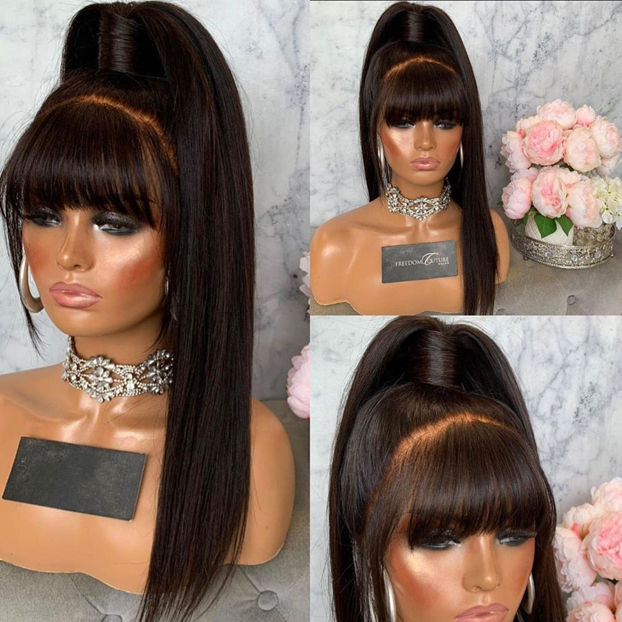 180 Density Indian  Human Hair Wigs With Bangs