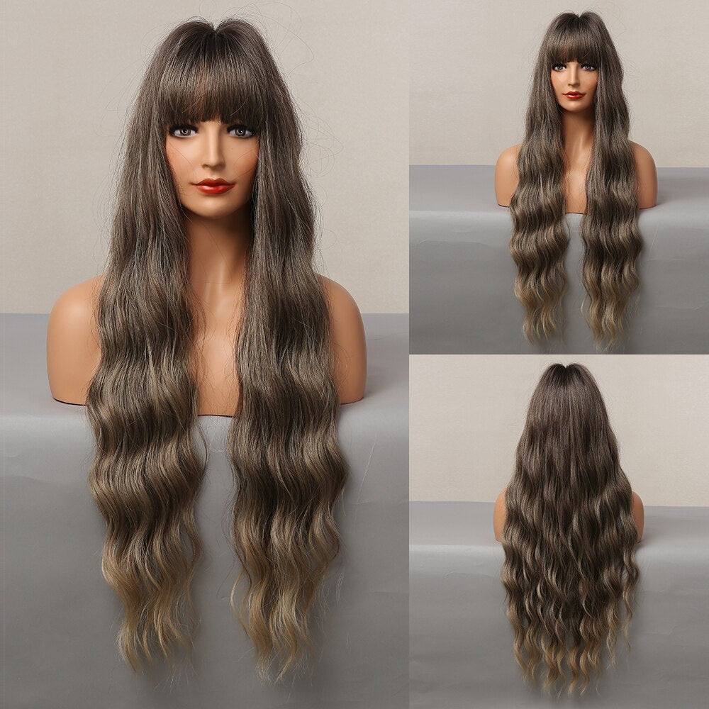 Long Wavy Dark Brown Synthetic Wigs With Bangs