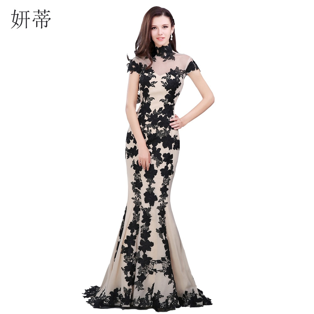 Elegant Black Short Sleeve Mermaid Evening Dress