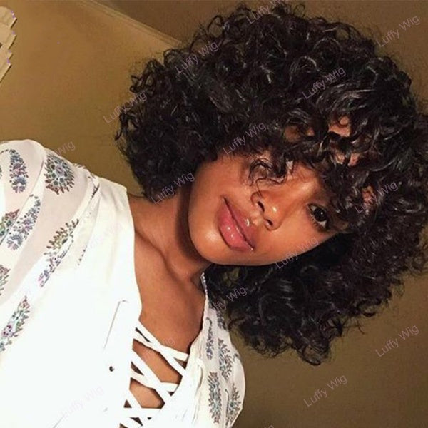 Curly Human Hair Wig With Bangs Brazilian Remy Hair