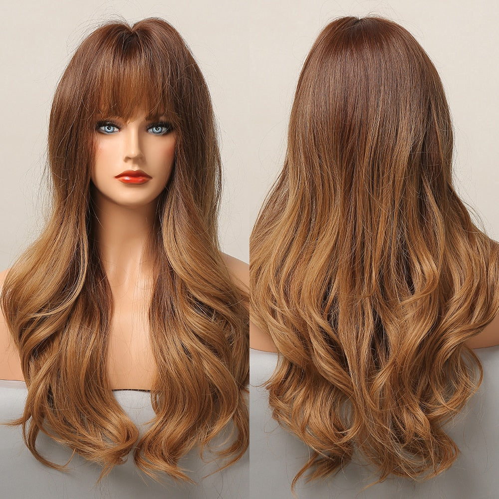 Brown Blonde Highlight Synthetic Wigs With Full Bangs