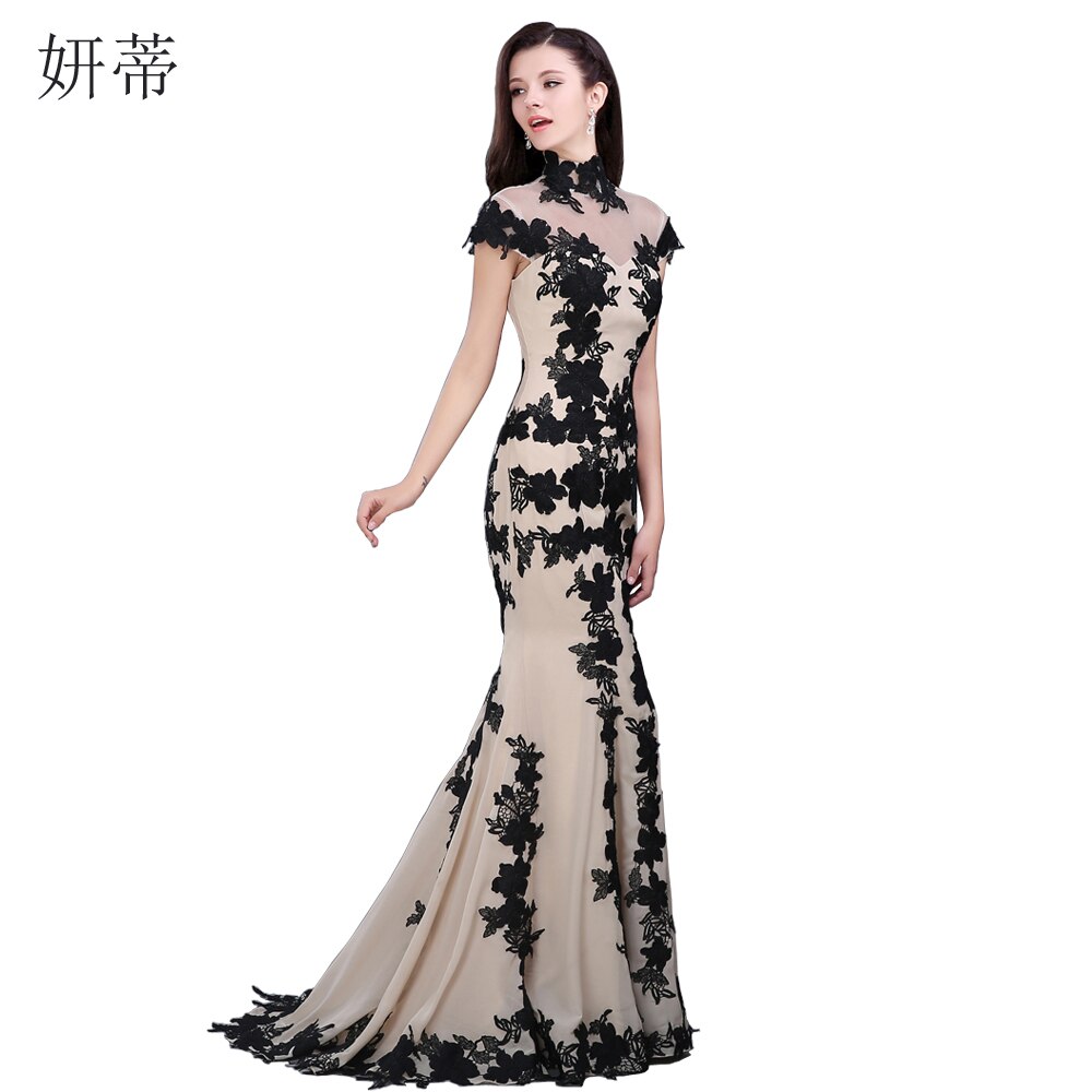 Elegant Black Short Sleeve Mermaid Evening Dress