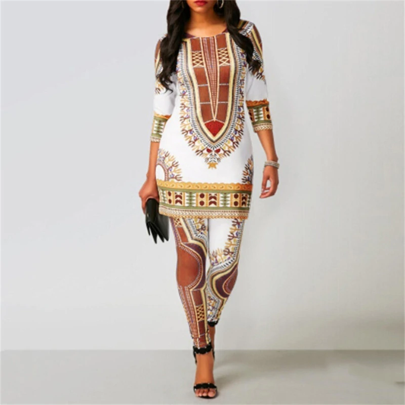 Top Pants Suit Dashiki Print Ladies Clothes Robe