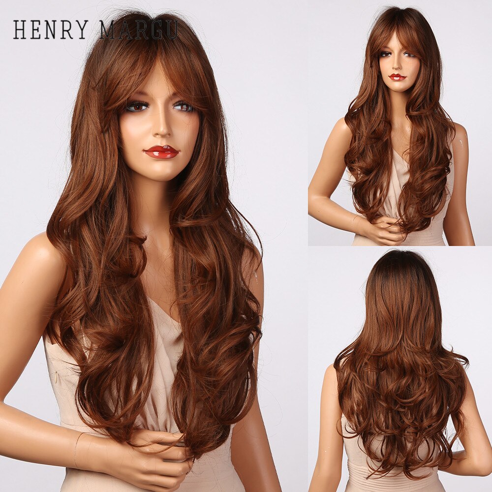 Long Wavy Dark Brown Synthetic Wigs With Bangs