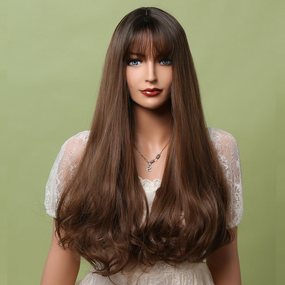 Long Wavy Dark Brown Synthetic Wigs With Bangs