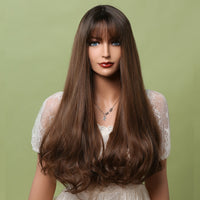 Thumbnail for Long Wavy Dark Brown Synthetic Wigs With Bangs