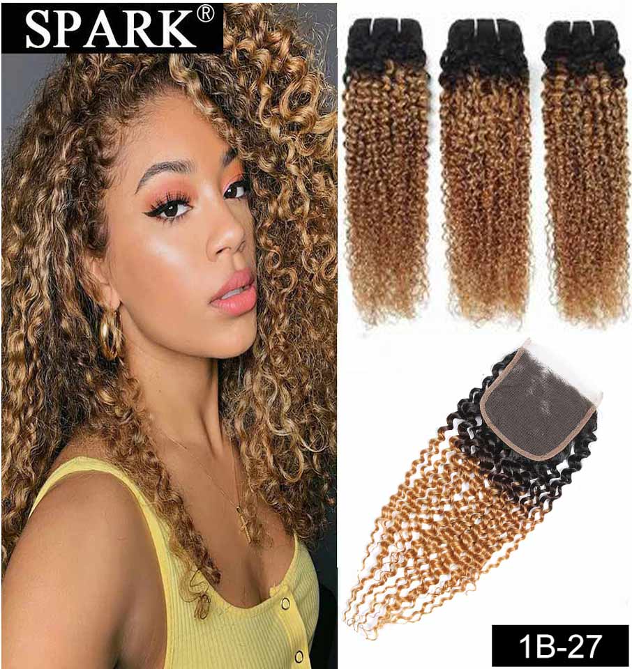 Ombre Mongolian Afro Kinky Curly Hair Bundles With Closure