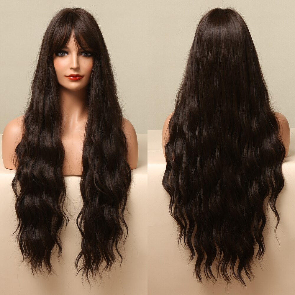 Long Wavy Dark Brown Synthetic Wigs With Bangs