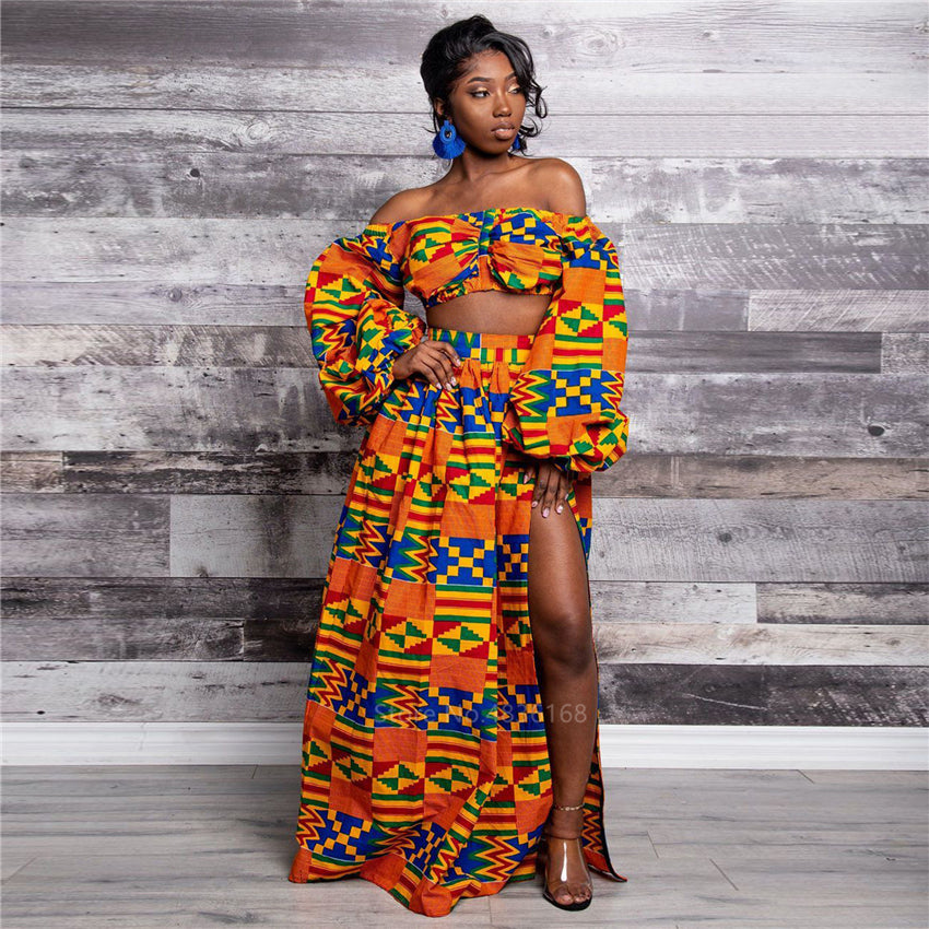 Full Sleeve Shoulder Off Dashiki Print Split Skirts