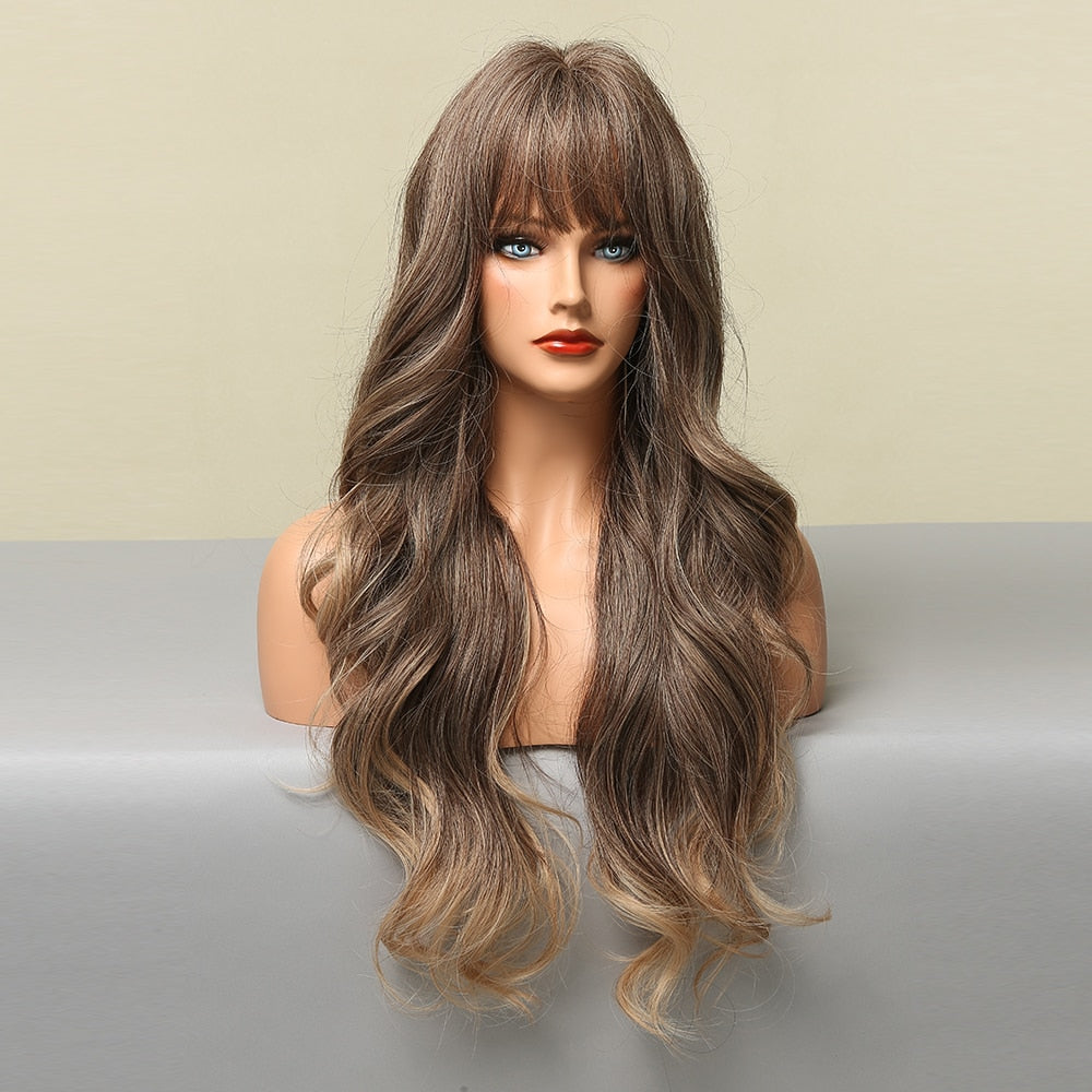 Brown Blonde Highlight Synthetic Wigs With Full Bangs