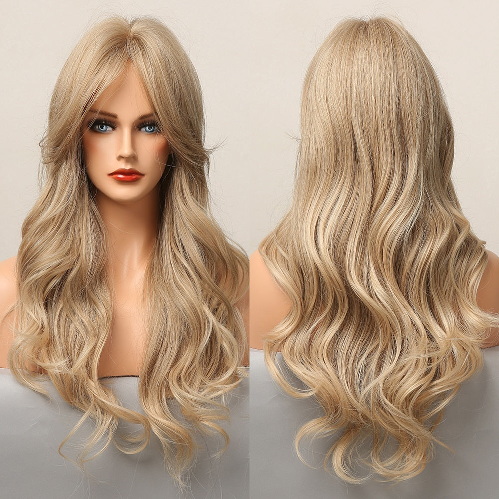 Brown Blonde Highlight Synthetic Wigs With Full Bangs