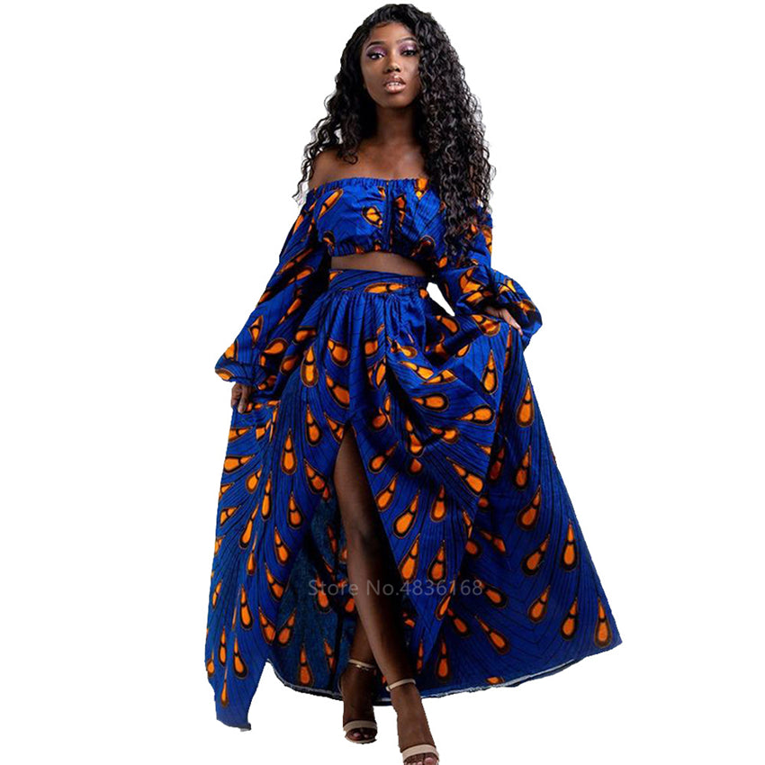 Full Sleeve Shoulder Off Dashiki Print Split Skirts