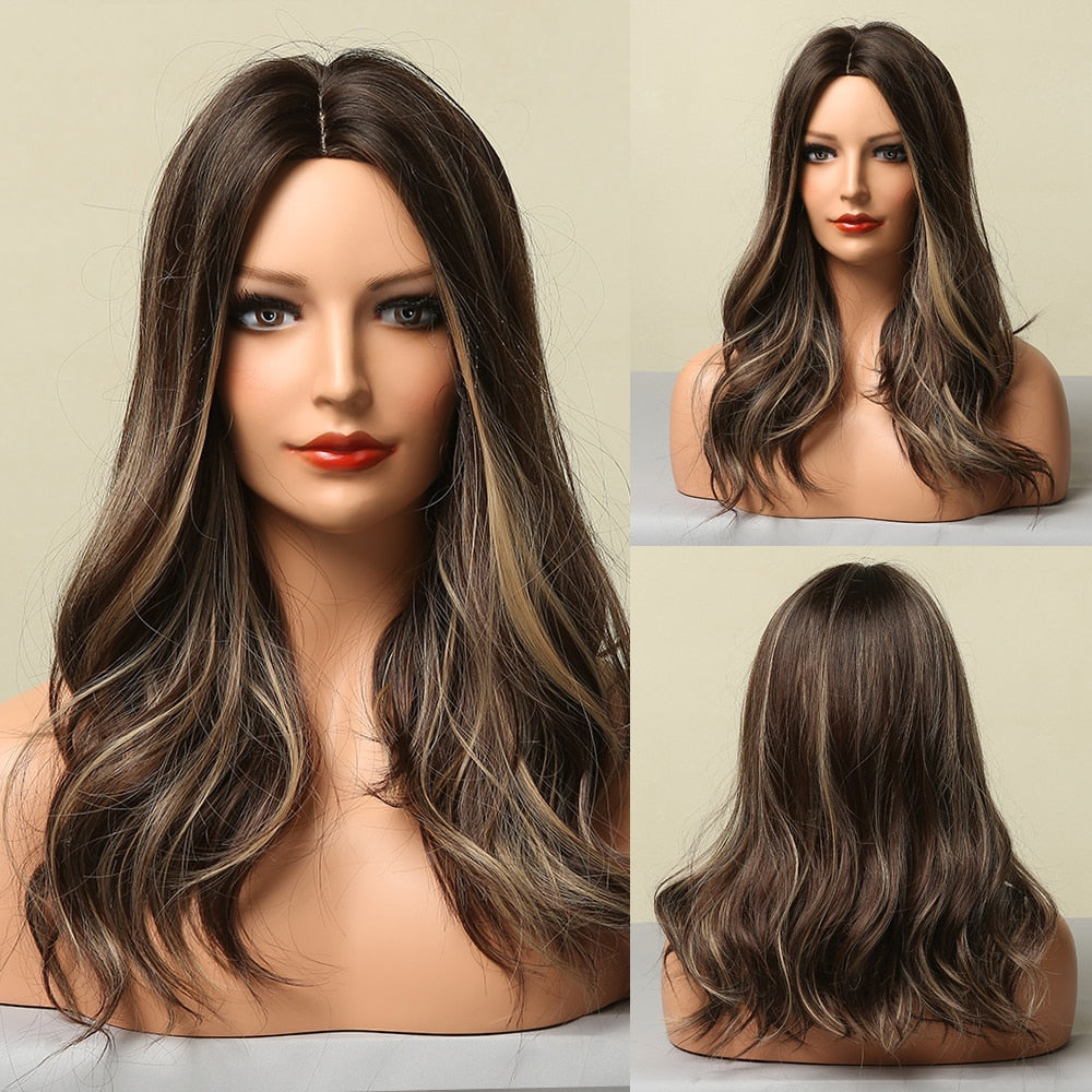 Long Wavy Dark Brown Synthetic Wigs With Bangs